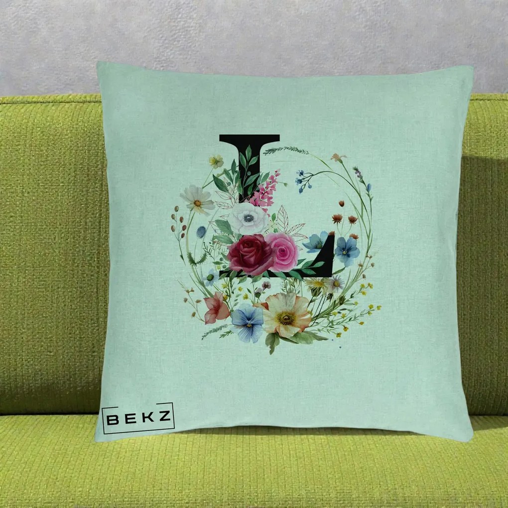 Cadou Personalizat - Perna Personalizata Monogram Litera L cu Flori Acuarela, 40x40 cm, Verde Menta, Husa Detasabila, Perna Inclusa, BEKZ®