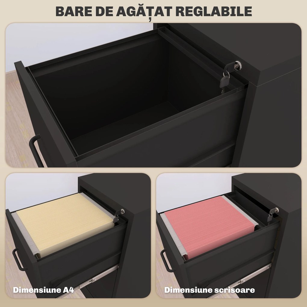 HOMCOM Dulap cu Sertare pentru Documente și cu o încuietoare, Bară Reglabilă, 36,5x46,2x99 cm, Negru | Aosom Romania