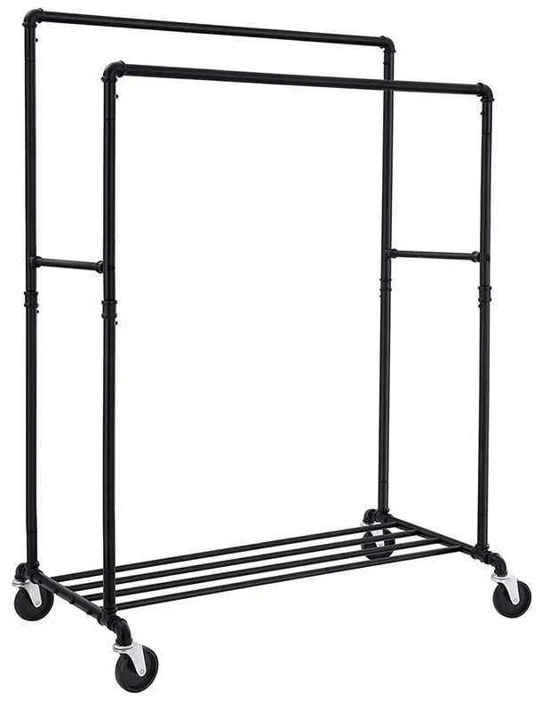 Suport pentru haine dublu pe roți, negru