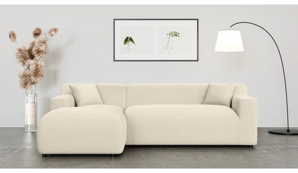 Colțar bej-crem cu tapițerie din catifea reiată (cu colț pe partea stângă, cu șezlong) Martin – Ropez