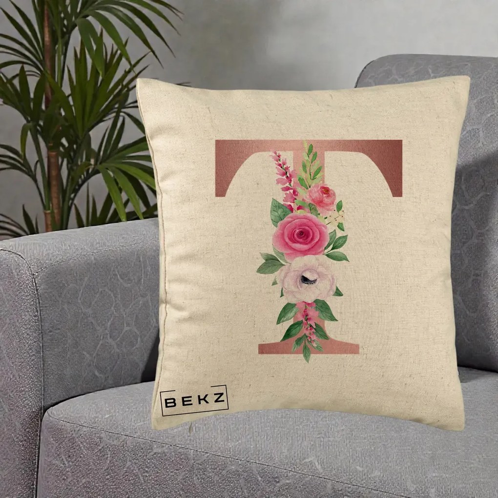 Cadou Personalizat - Perna Personalizata Monograma Rose Gold Litera T, 40x40 cm, Bej, Husa Detasabila, Perna Inclusa, BEKZ®