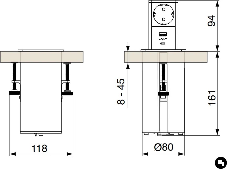Priză încorporabilă în blat Tower GTV, 1 priză Schuko, USB A + C, alb, D:80 mm Aluminiu/Plastic, Alb, D:80 mm