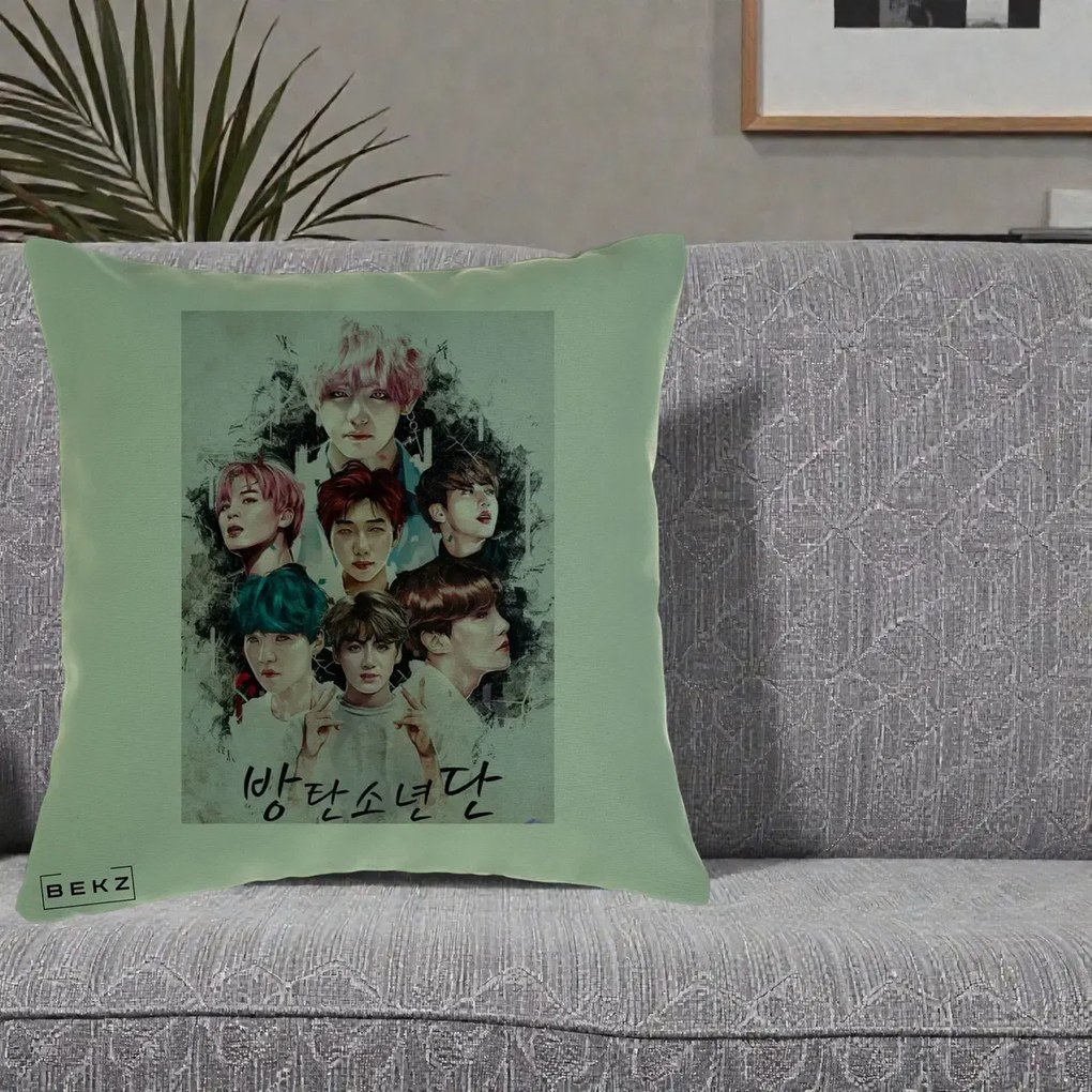 Perna Personalizata K-pop BTS Bangtan Boys Poster Artistic Negru Alb, 40x40 cm, Verde, Husa Detasabila, Perna Inclusa, BEKZ®