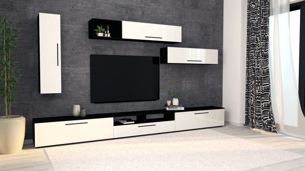Living haaus Haga V20, Alb Lucios/Negru, MDF, L 360 cm