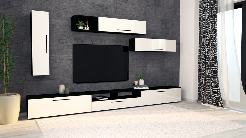 Living haaus Haga V20, Alb Lucios/Negru, MDF, L 360 cm