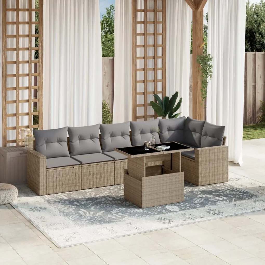vidaXL Set canapele de grădină, 7 piese, cu perne, bej, poliratan
