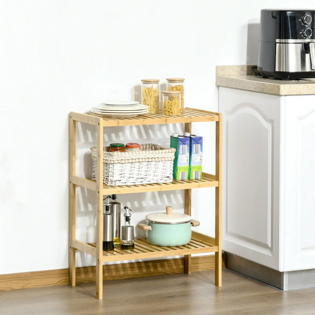Raft Multifuncțional HOMCOM din Bambus cu 3 Nivele, Design Natural, 62x33x80 cm, Culoare Lemn | Aosom Romania