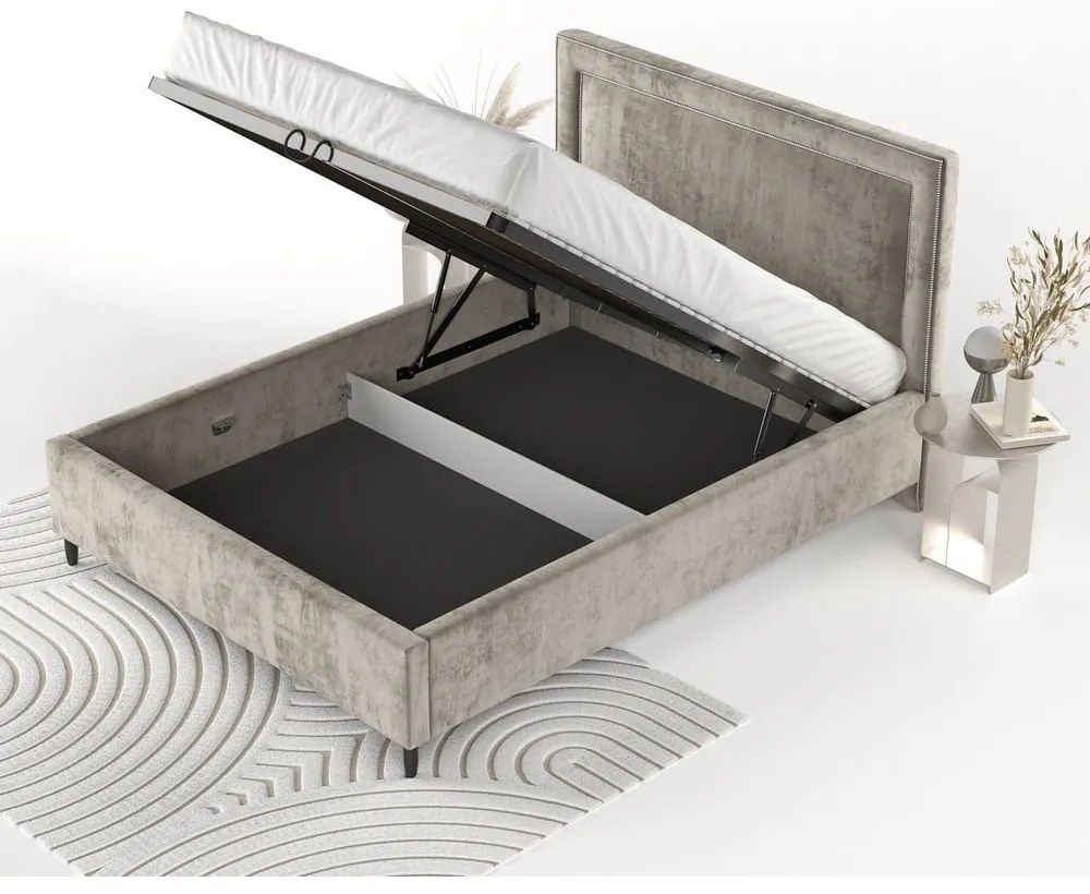Pat matrimonial bej tapițat cu spațiu de depozitare cu somieră 160x200 cm Baleine – Maison de Rêve