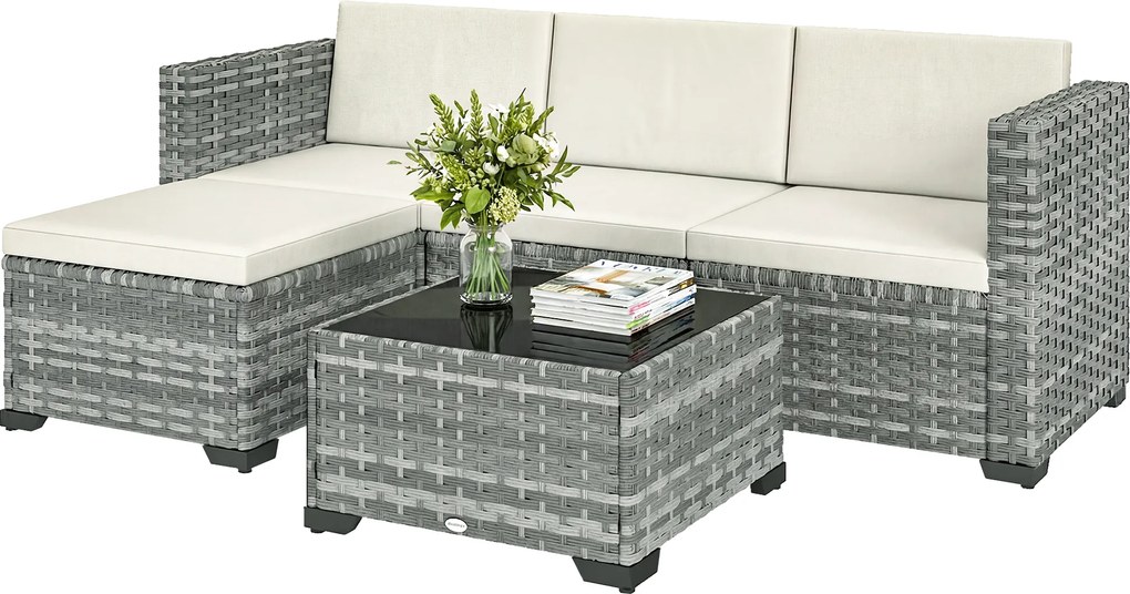 Outsunny Set mobilier grădină Polyrattan 5 piese, set lounge cu colțar, taburet, masă și perne pentru șezut și spate Gri+Cremeweiß | Aosom Romania
