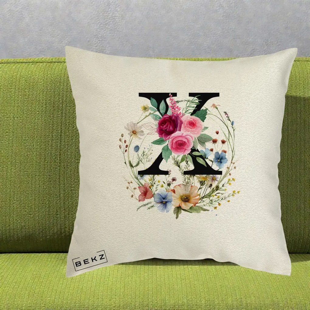 Cadou Personalizat - Perna Personalizata Monograma Florala Litera X cu Coroana, 40x40 cm, Ecru, Husa Detasabila, Perna Inclusa, BEKZ®
