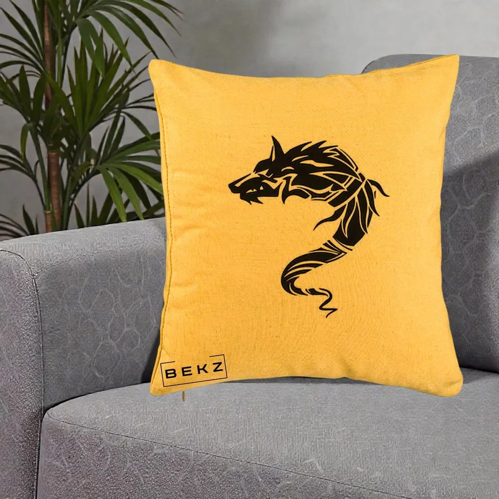 Perna Decorativa Lup Tribal Alb-Negru, 40x40 cm, Galben, Husa Detasabila, Perna Inclusa, BEKZ®