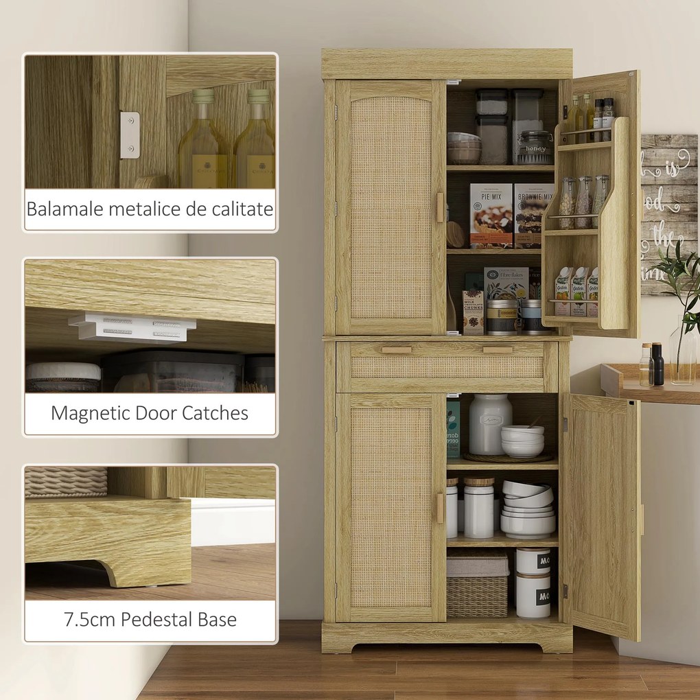 HOMCOM Dulap Bucătărie 76×40×183 cm cu 2 Uși și Sertar, Rafturi Condimente, Stejar | Aosom Romania