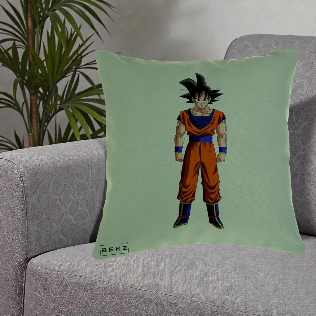 Perna Personalizata Dragon Ball Goku Complet in Gi Portocaliu, 40x40 cm, Verde, Husa Detasabila, Perna Inclusa, BEKZ®