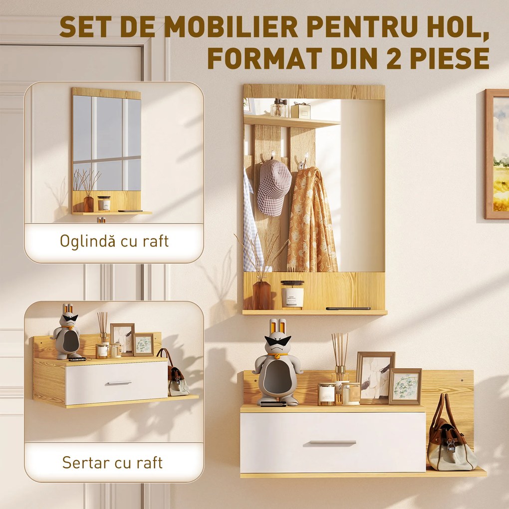 HOMCOM Set de Intrare cu Oglindă cu Raft și Dulap Suspendat cu Sertar și 2 Rafturi Deschise, din Lemn și Sticlă | Aosom Romania