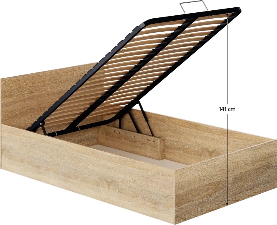 Pat cu somieră metalic şi spaţiu de depozitare, 120x200, stejar sonoma, DOLI