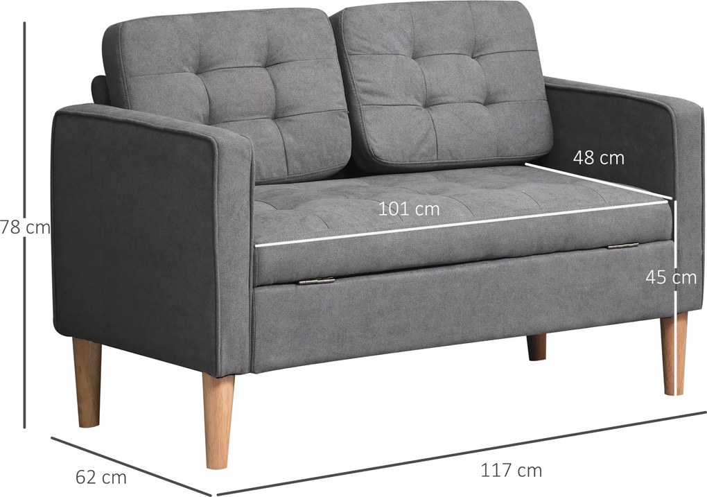 HOMCOM canapea 2 locuri, canapea cu spațiu de depozitare, picioare din lemn, canapea tapițată cu aspect catifelat pentru living, dormitor, 117x 62 x 78 cm, Gri | Aosom Romania