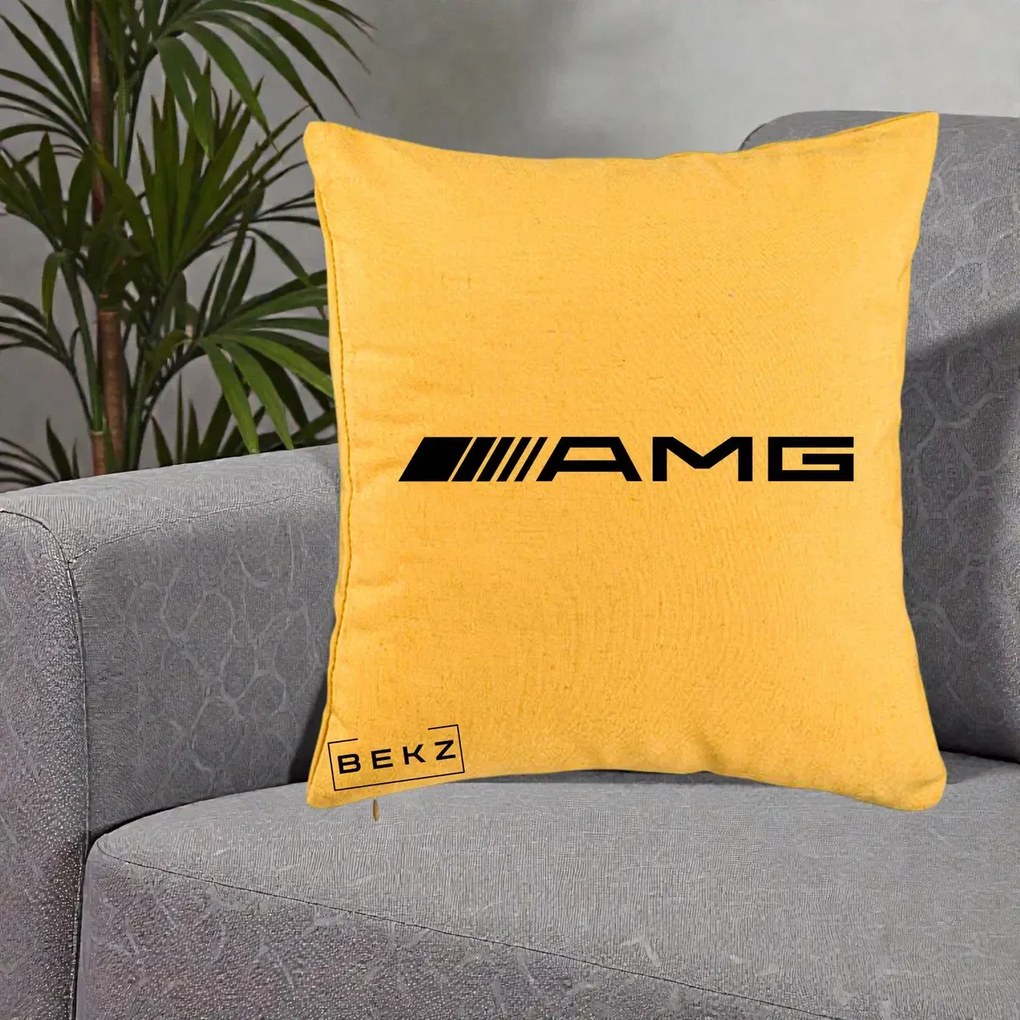 Perna Personalizata cu emblema Mercedes-AMG, 40x40 cm, Galben, Husa Detasabila, Perna Inclusa, BEKZ®