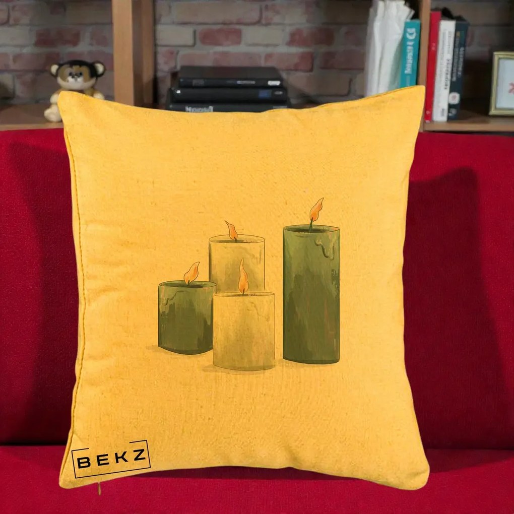 Perna Decorativa Lumanari Hygge Alb-Verde, 40x40 cm, Galben, Husa Detasabila, Perna Inclusa, BEKZ®