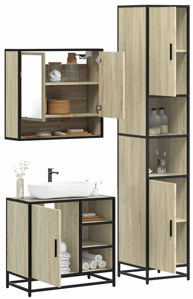 vidaXL Set mobilier de baie, 3 piese, stejar sonoma, lemn prelucrat