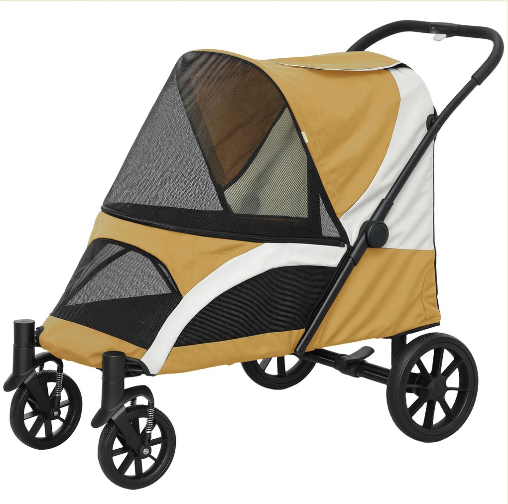 PawHut Cărucior pentru câini, cărucior pliabil pentru câini mari, cărucior pentru animale cu 4 roți, lese de siguranță, frâne, maro | Aosom Romania