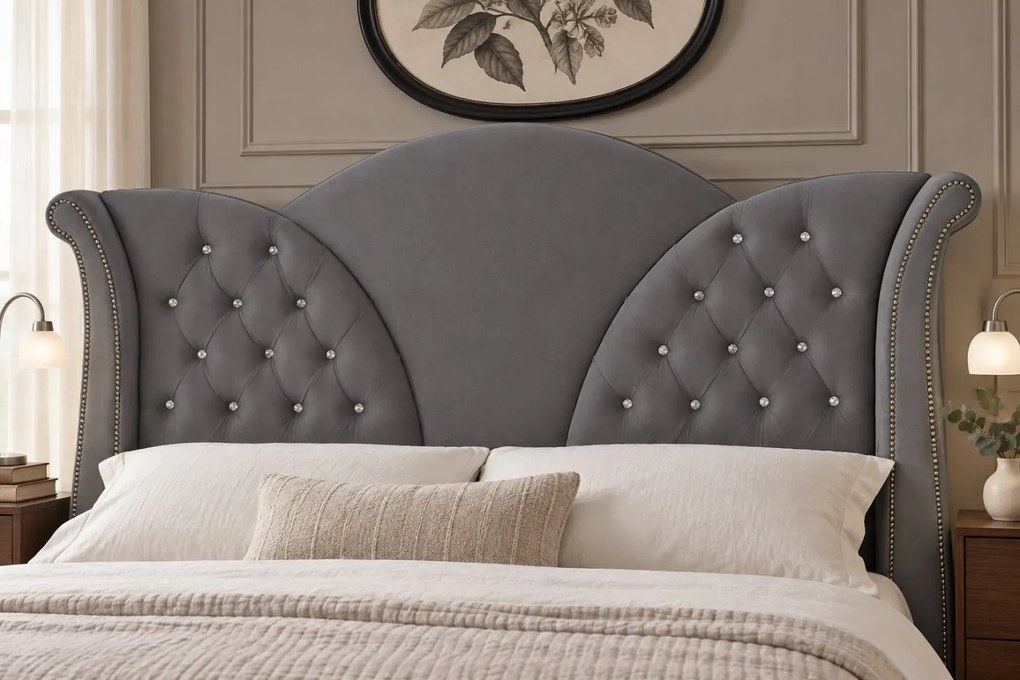 Pat tapițat Chesterfield din catifea Velora Deluxe 180×200 cm, gri închis, cu ladă de depozitare
