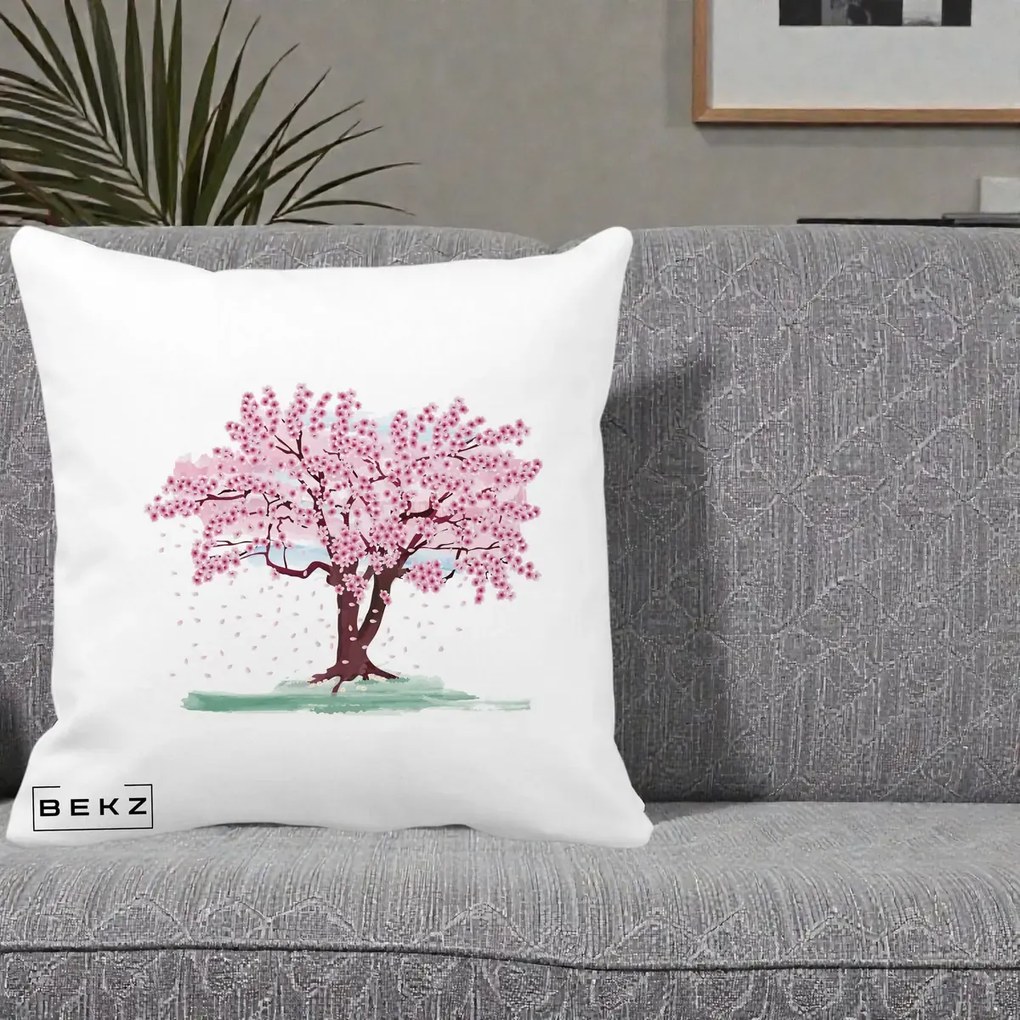 Perna Decorativa Cires Inflorit Acuarela, 40x40 cm, Alba Mata, Husa Detasabila, Perna Inclusa, BEKZ®