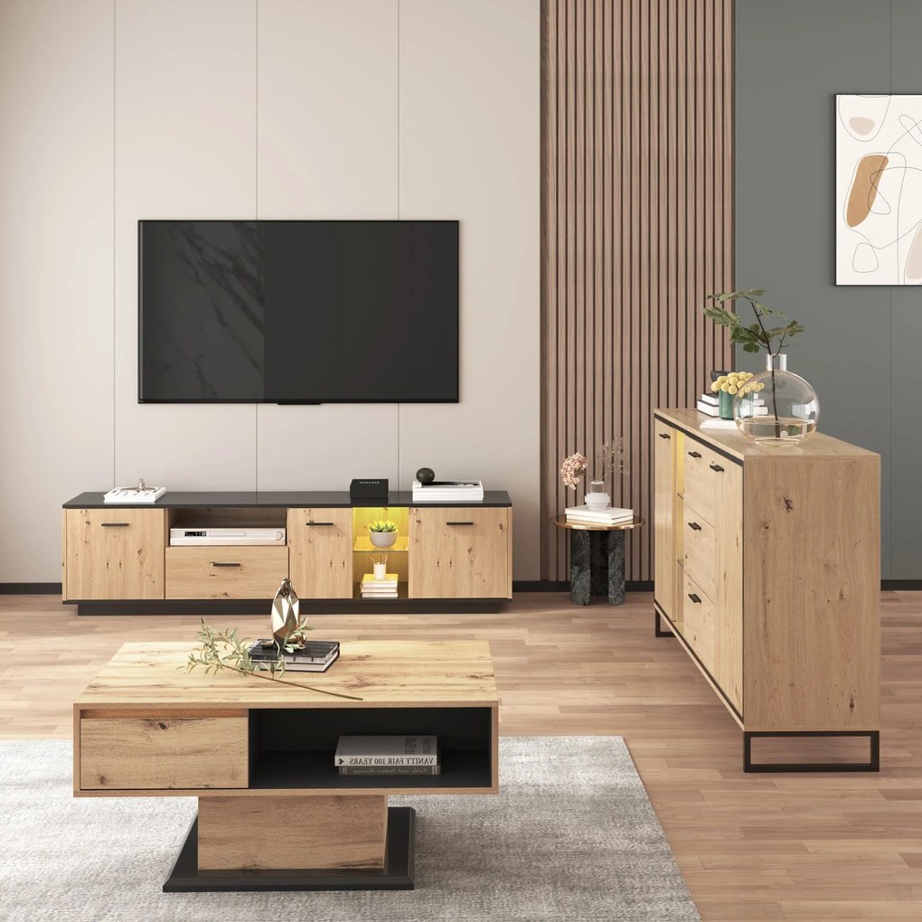 Comodă TV cu O Sertar, Trei Uși și Două Rafturi din Sticlă, Iluminare LED cu 15 Culori Variabile, 180x40x45 cm, Negru+ Natural