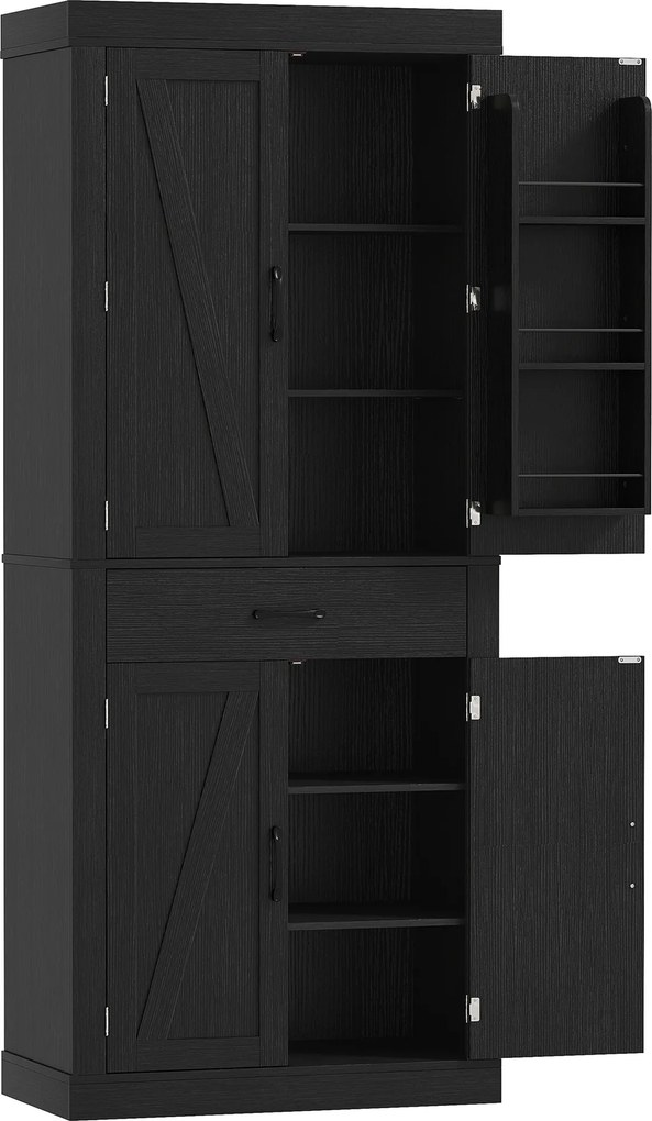 HOMCOM Dulap cămară de bucătărie în stil country, cu 2 dulapuri, 6 rafturi și sertar, din lemn, 76 x 39,5 x 183,5 cm, negru | Aosom Romania