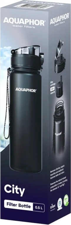 Sticla cu filtru pentru apa Aquaphor City 160043, 500 ml, Tritan, Carbune activ, Aqualen, Capac cu inchidere, Negru