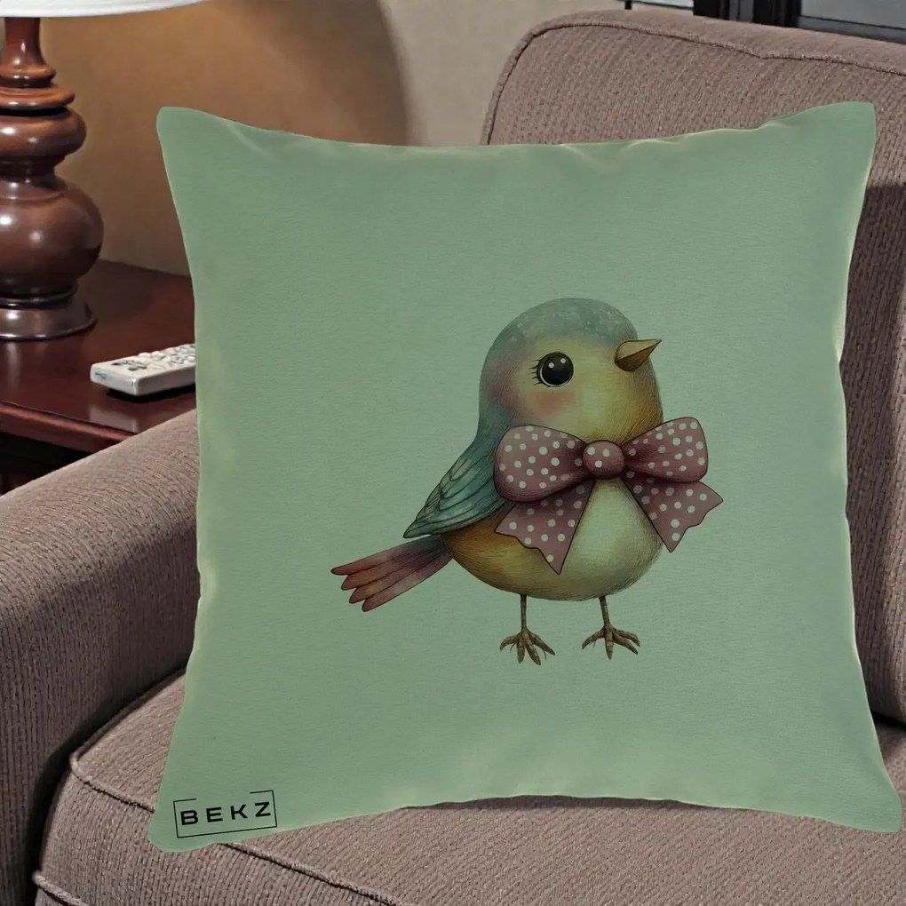 Perna Decorativa Pasare Bleu cu Fundita Roz, 40x40 cm, Verde, Husa Detasabila, Perna Inclusa, BEKZ®