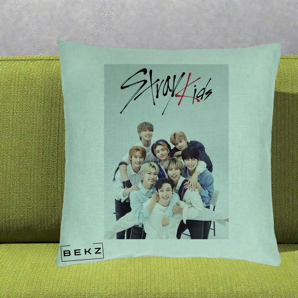Perna Personalizata K-pop Stray Kids cu Foto Grup Alb-Albastru, 40x40 cm, Verde Menta, Husa Detasabila, Perna Inclusa, BEKZ®