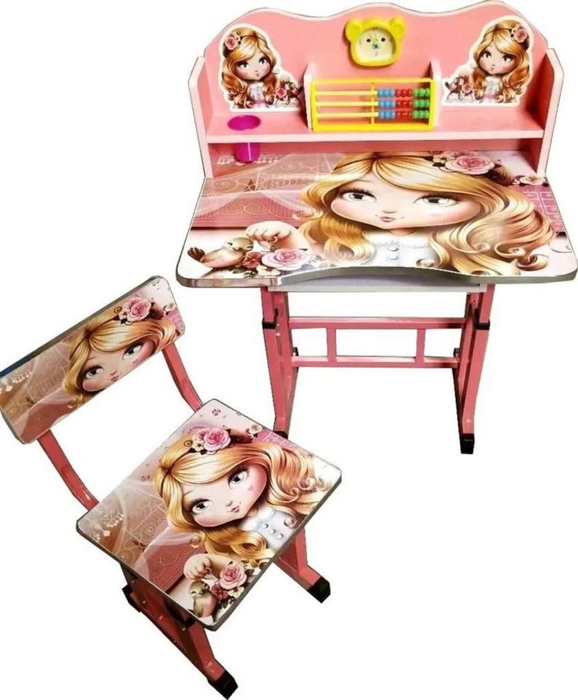 Birou copii din MDF cu jucarii interactive Novokids™ My first desk, dimensiuni 68X43X65, cadru metalic, masuta copii, Roz Princess