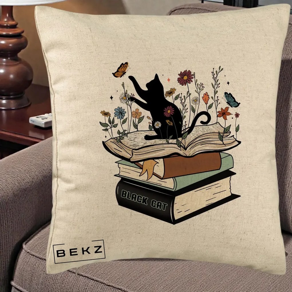 Perna Personalizata Pisica Neagra Carti Flori Fluturi, 40x40 cm, Bej, Husa Detasabila, Perna Inclusa, BEKZ®