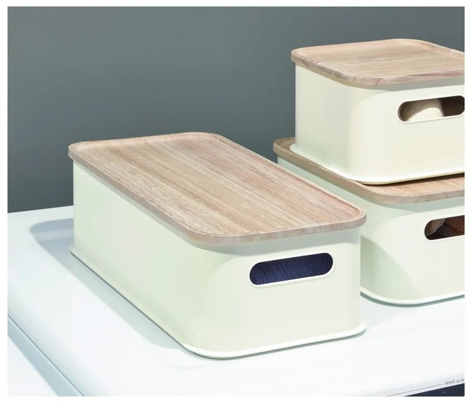 Cutie depozitare cu capac din lemn paulownia iDesign Eco Handled, 21,3 x 43 cm, alb