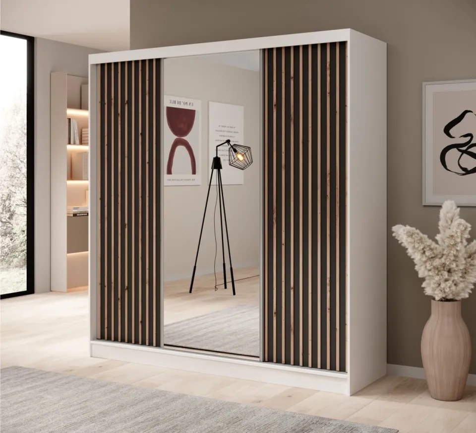 Dulap cu usi glisante si oglinda, 200x61x215 cm, Ida 200, ADRK Furniture (Culoare: Alb / Alb)