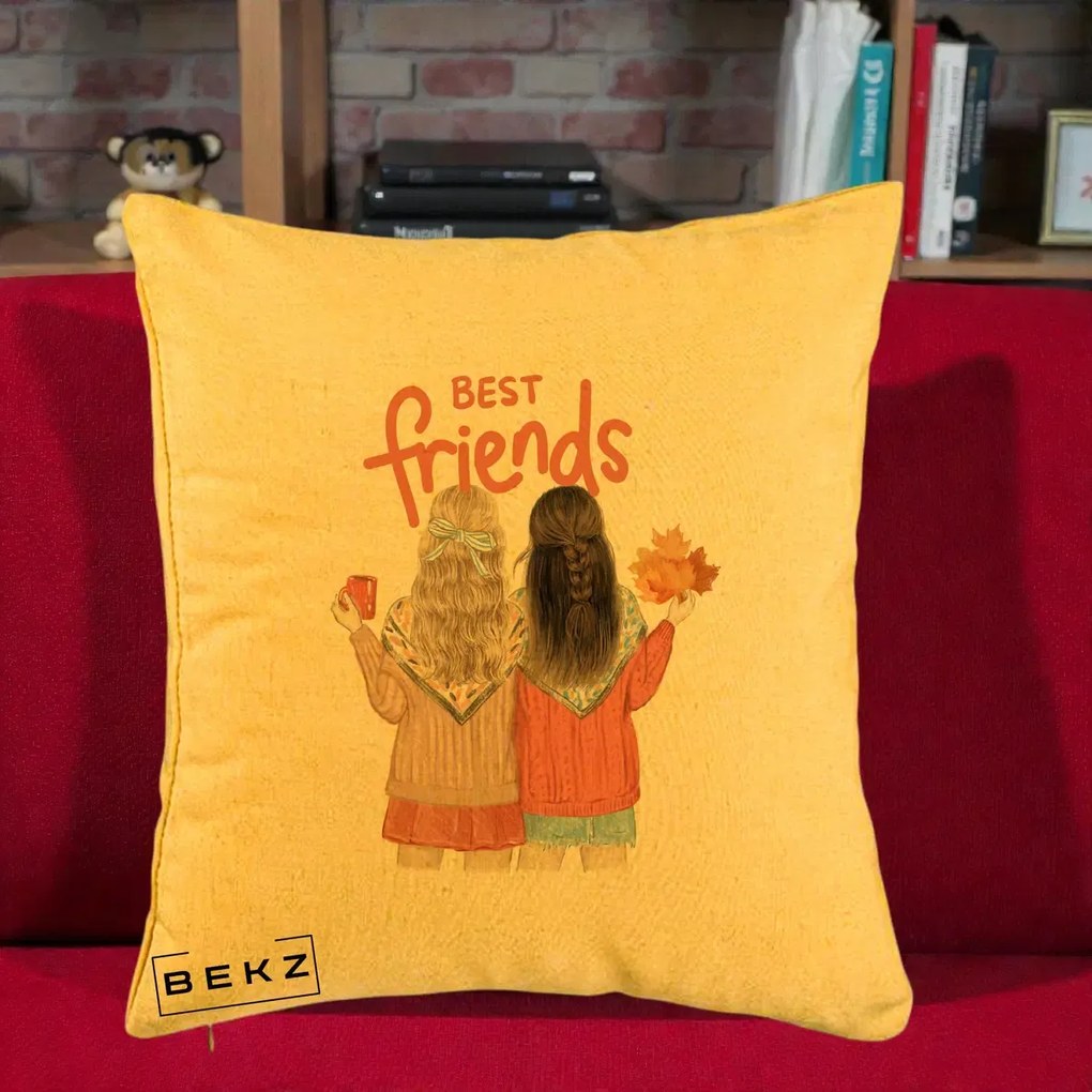 Cadou pentru Prieteni - Perna Personalizata Best Friends Toamna, 40x40 cm, Galben, Husa Detasabila, Perna Inclusa, BEKZ®