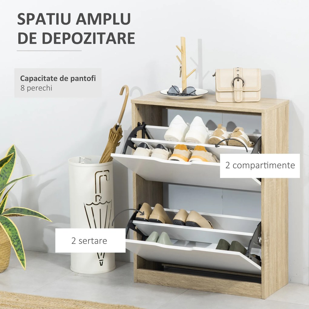 HOMCOM Dulap pantofi cu 2 Sertare Rabatabile, 8 Perechi, cu un Dispozitiv Anti-Răsturnare, Design Compact, 62,5x26x81 cm, Natural | Aosom Romania