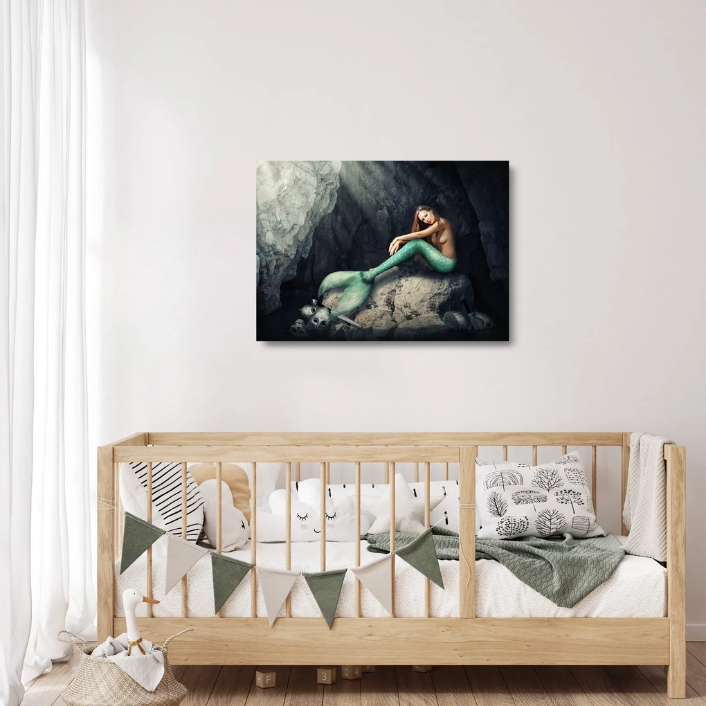 Tablou pe sticlă - Sirena pe stâncă (70x50 cm)