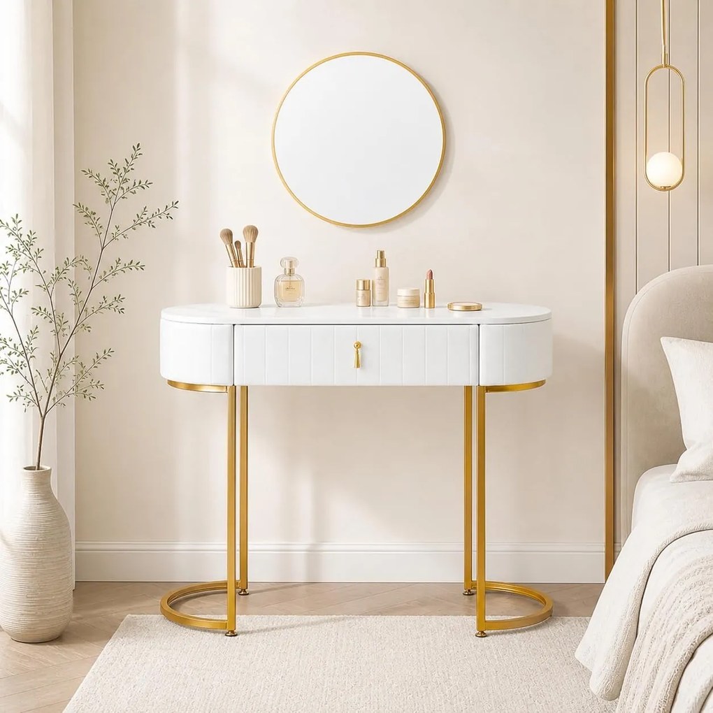 SEA75 - Set Masa toaleta, 100 cm, cosmetica, masa machiaj cu oglinda, masuta vanity cu scaun - Alb-Auriu