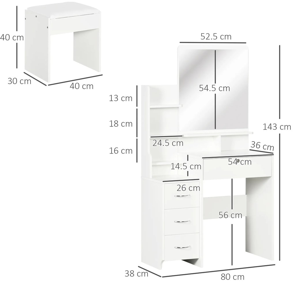 HOMCOM Post de machiaj cu oglindă mare din sticlă temperată, tocător de machiaj cu scaun căptușit, 4 sertare și 4 rafturi, post de machiaj pentru dormitor, alb | Aosom Romania
