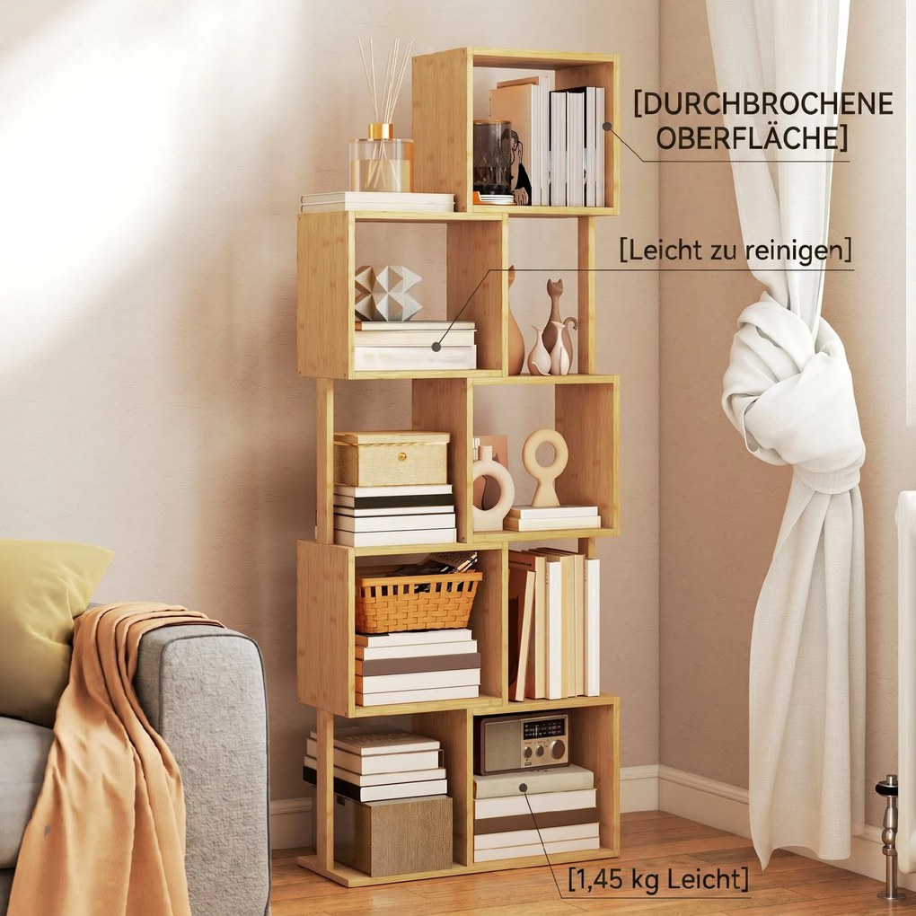 HOMCOM Librărie modernă și asimetrică cu 5 niveluri din bambus, 62.5 x 23 x 165 cm, lemn | Aosom Romania