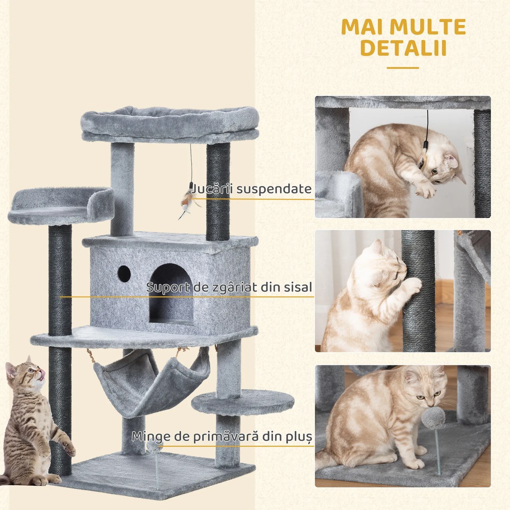 PawHut Arbore Răzuitoare pentru Pisici 48x48x107 cm Turn pentru Pisici cu Cavernă de Fetru Demontabilă Hamacă Paturi Platforme Gri | Aosom Romania
