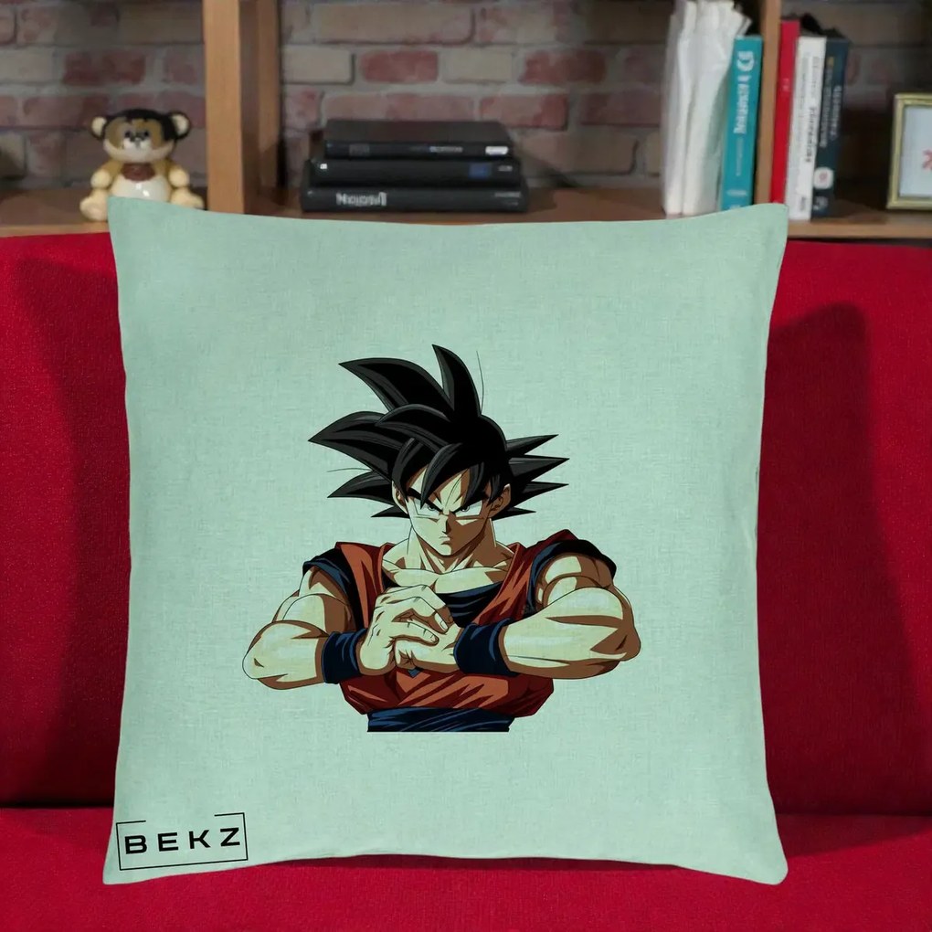 Perna Personalizata Dragon Ball Goku Portret Serios, 40x40 cm, Verde Menta, Husa Detasabila, Perna Inclusa, BEKZ®