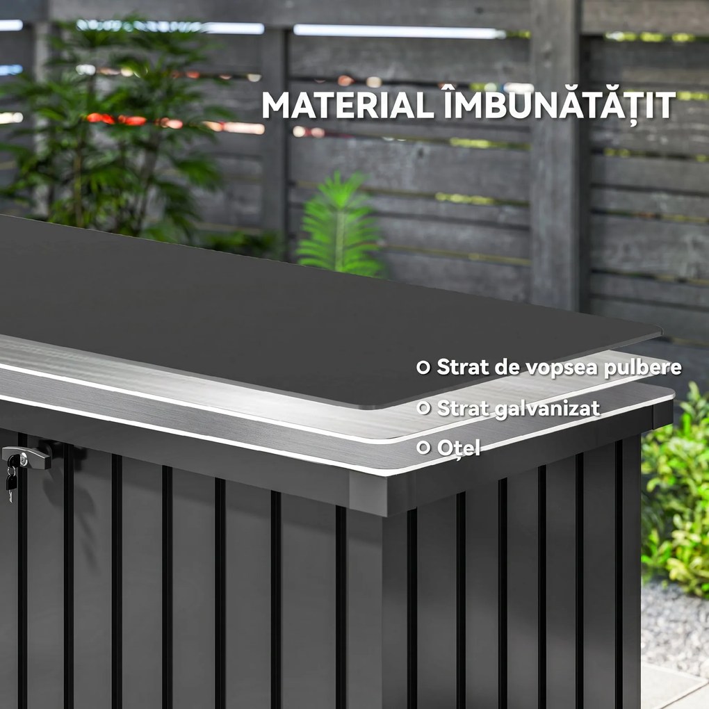 Outsunny Ladă de Depozitare Exterior 400L din Oțel Zincat, cu Încuietoare și 2 Chei, 124 x 66 x 72 cm, Negru | Aosom Romania
