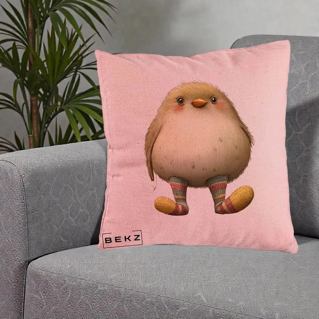 Perna Decorativa Pui Pufos cu Sosete Dungate, 40x40 cm, Roz, Husa Detasabila, Perna Inclusa, BEKZ®