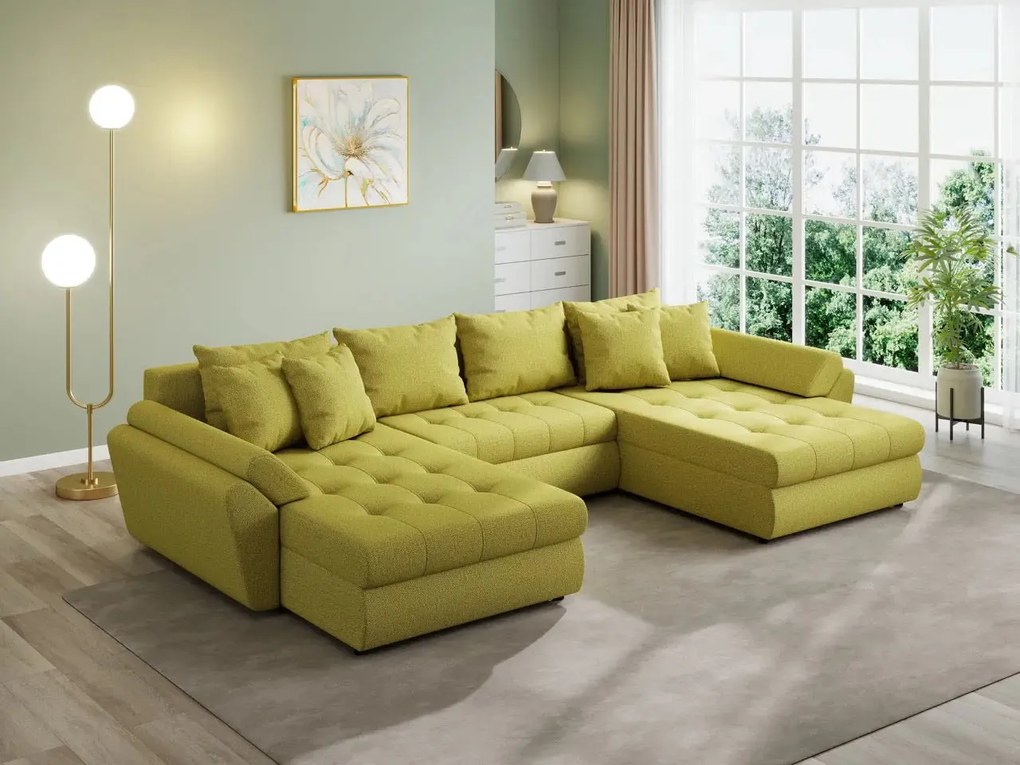 Colțar extensibil dumonde cu ladă de depozitare si sezut confortabil din spuma high-density, Loana U Enjoy Green 355x185 cm