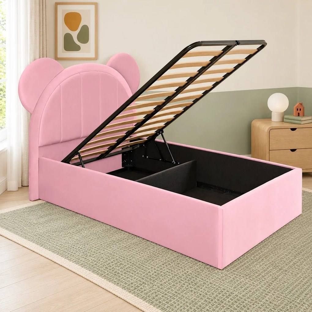 Pat tapițat pentru copii din catifea Varen 120×200 cm, roz, cu ladă de depozitare