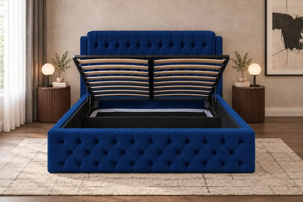 Pat tapițat din catifea Aveline 140×200 cm, bleumarin, cu ladă de depozitare