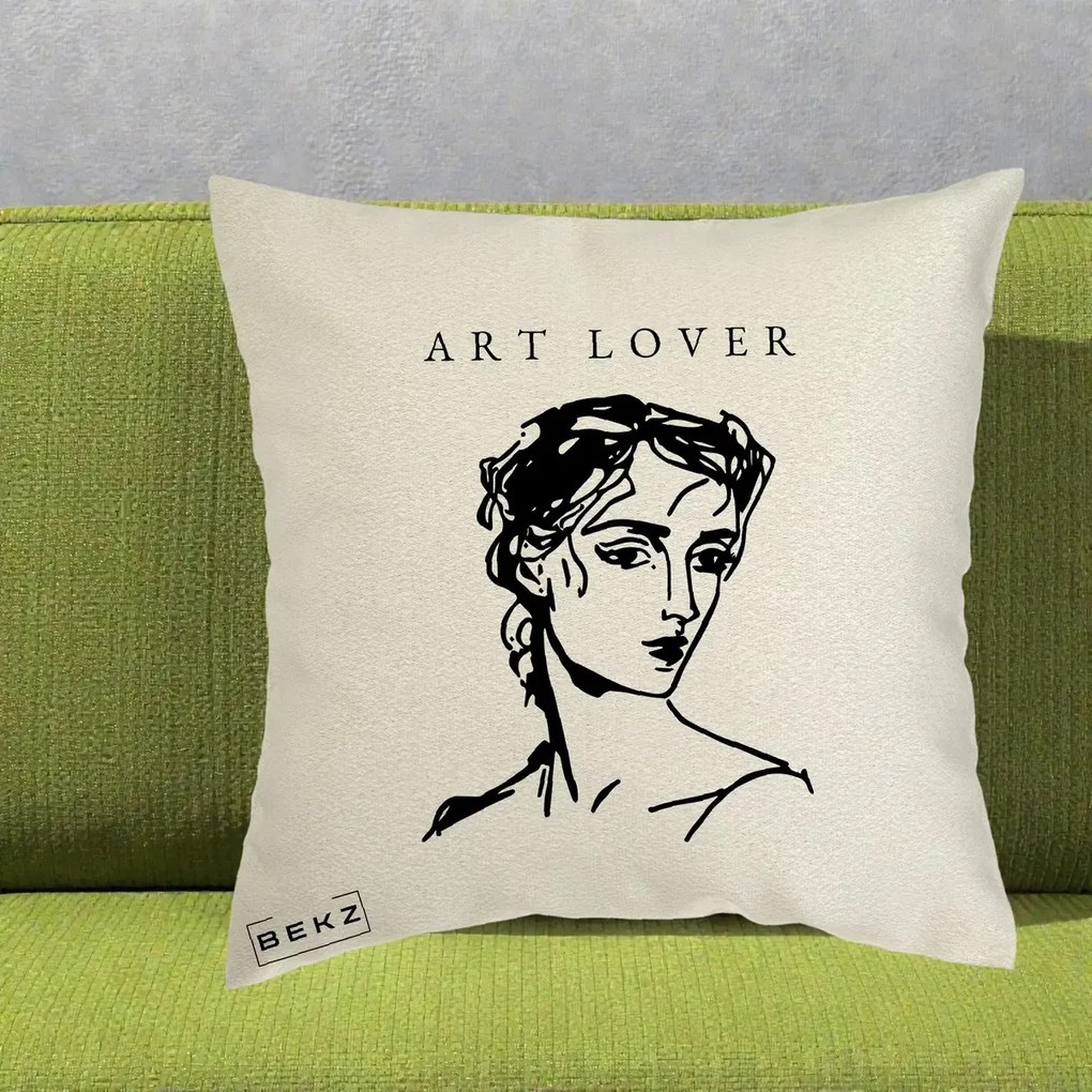 Perna Decorativa Art Lover Portret Grafic, 40x40 cm, Ecru, Husa Detasabila, Perna Inclusa, BEKZ®