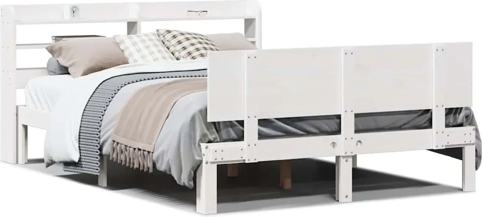 vidaXL Cadru de pat cu tăblie, alb, 135x190 cm, lemn masiv de pin
